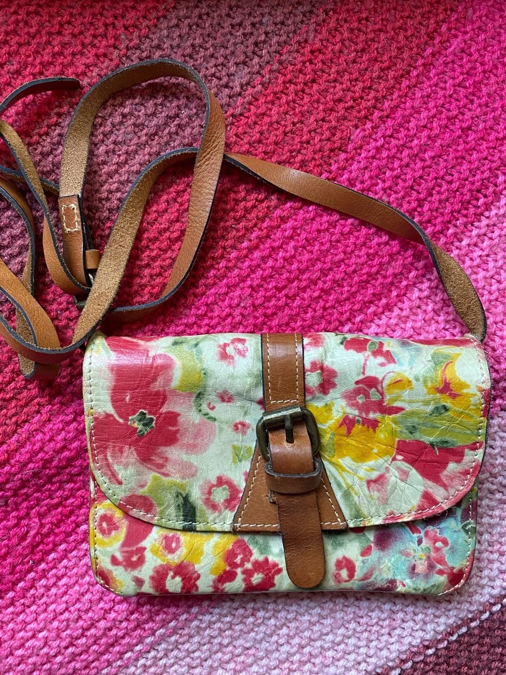Patricia Nash Floral Leather Crossbody Purse in Pink, Yellow & Brown